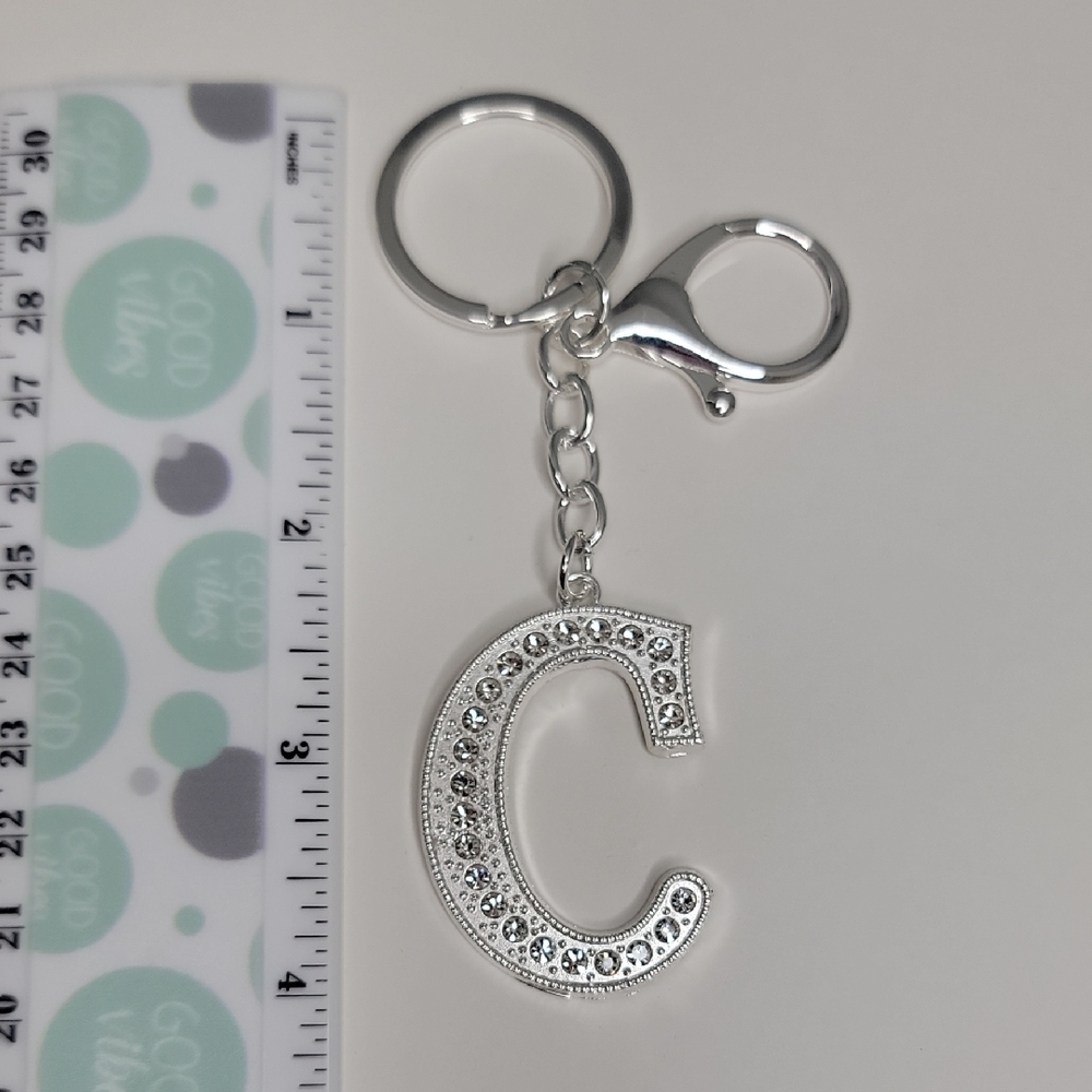 Letter C Initial C Alphabet C Rhinestone Silver Key Chain Bag Charm - Picture 6 of 8